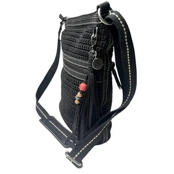 The Sak Crochet Crossbody Bag Women Medium Black Excellent Tassel Charm Zipper - Picture 2 of 7